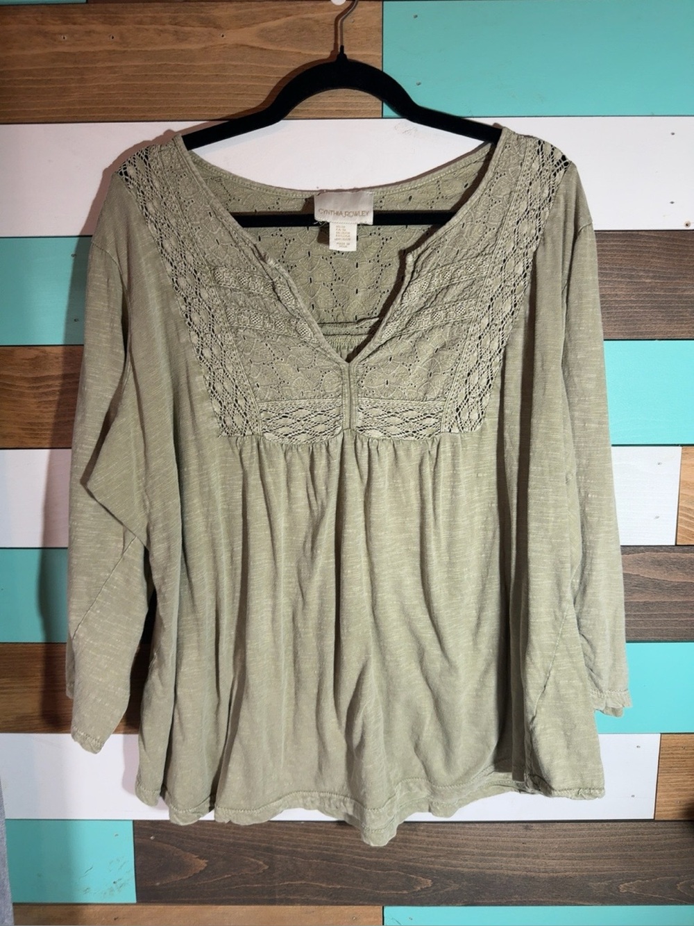 Cynthia Rowley Sage Green Crochet Yoke Tunic